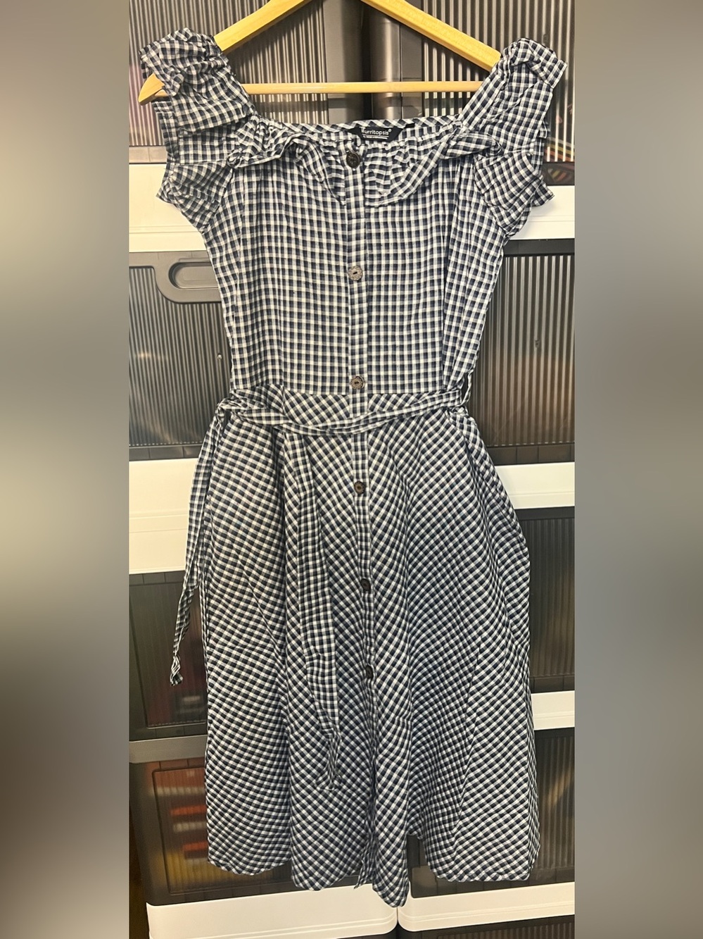 Navy and White Gingham Maxi Dress with Artisanal Wood Buttons Size S/M